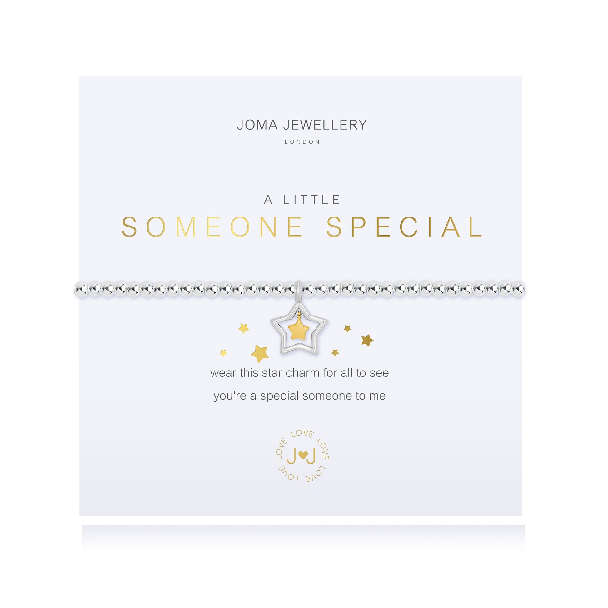 A silver bracelet packaged with the text 'A LITTLE SOMEONE SPECIAL' and star charms