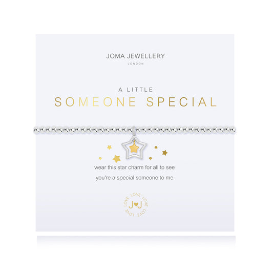 A silver bracelet packaged with the text 'A LITTLE SOMEONE SPECIAL' and star charms