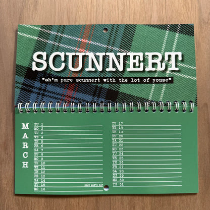 DL-sized Hiya Pal Scottish Banter 2026 calendar featuring colourful Scottish words, one per month.