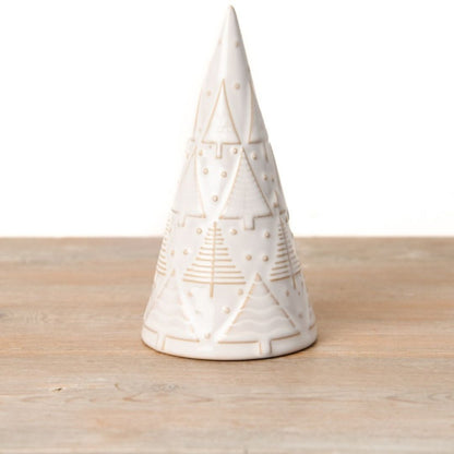 A decorative ceramic Christmas tree ornament with a simplistic shape, covered in a glossy reactive glaze and featuring embossed patterns of smaller trees and polka dots.