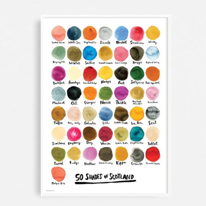 A colourful print by Emily Mackenzie titled '50 Shades of Scotland' featuring various circular inky colour swatches named after places or elements in Scotland with playful names like Midgie Bite and Deep Fried Mars Bar