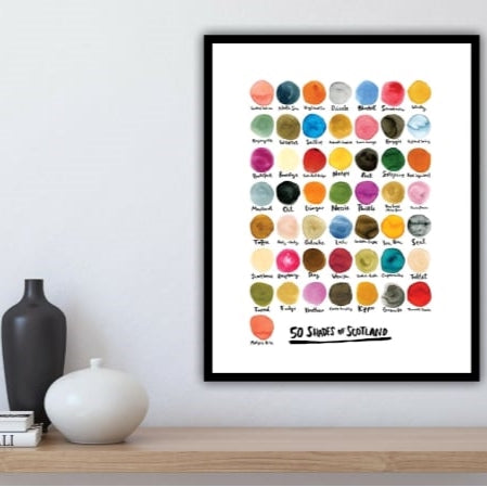 A colourful print by Emily Mackenzie titled '50 Shades of Scotland' featuring various circular inky colour swatches named after places or elements in Scotland with playful names like Midgie Bite and Deep Fried Mars Bar