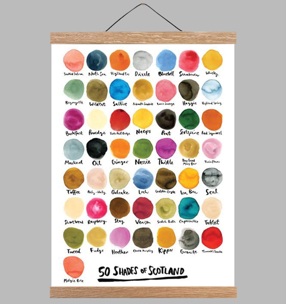 A colourful print by Emily Mackenzie titled '50 Shades of Scotland' featuring various circular inky colour swatches named after places or elements in Scotland with playful names like Midgie Bite and Deep Fried Mars Bar