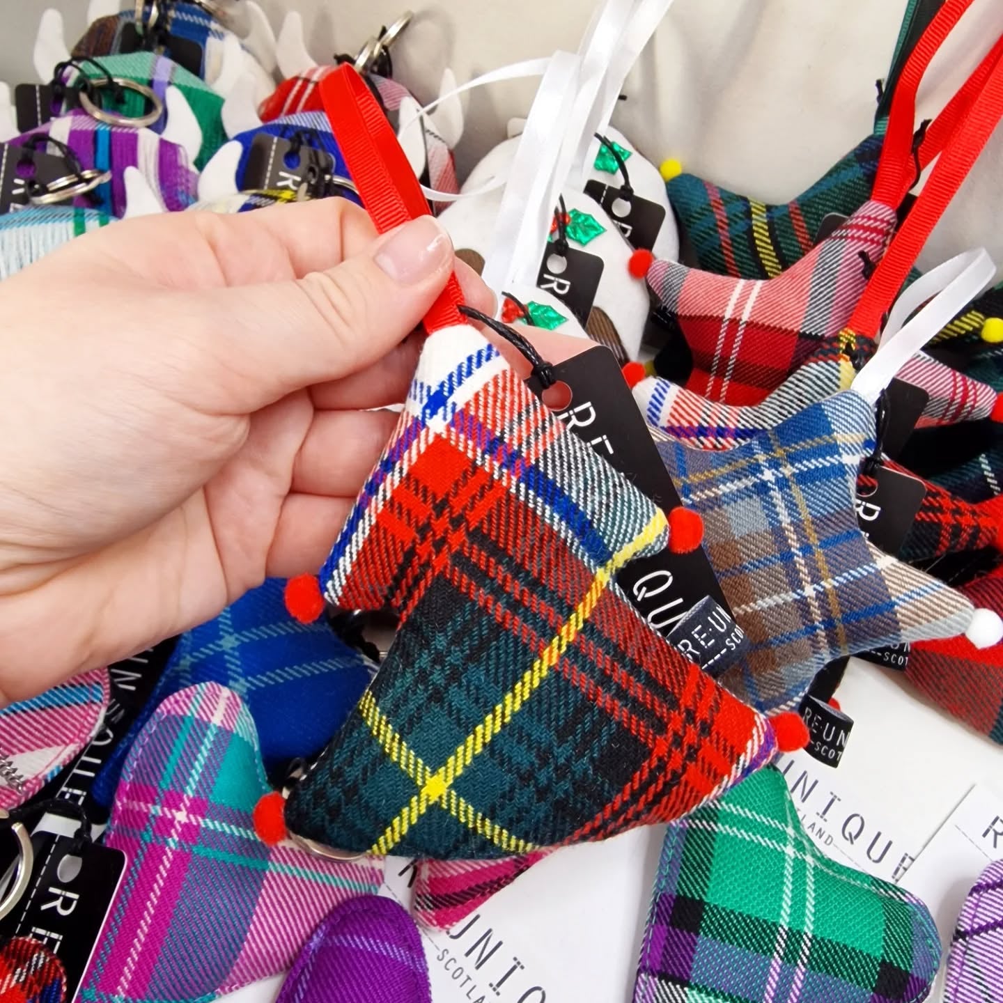 Unique Christmas tree decoration shaped like a festive Christmas tree, made from genuine wool tartan fabric.