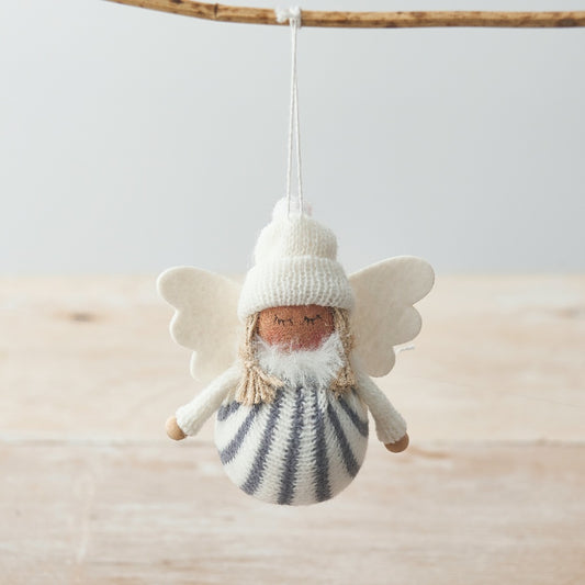 Knitted fabric angel decoration with striped body, white wings and a woolly hat.