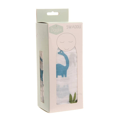 Boxed Ziggle baby swaddle with a dinosaur design