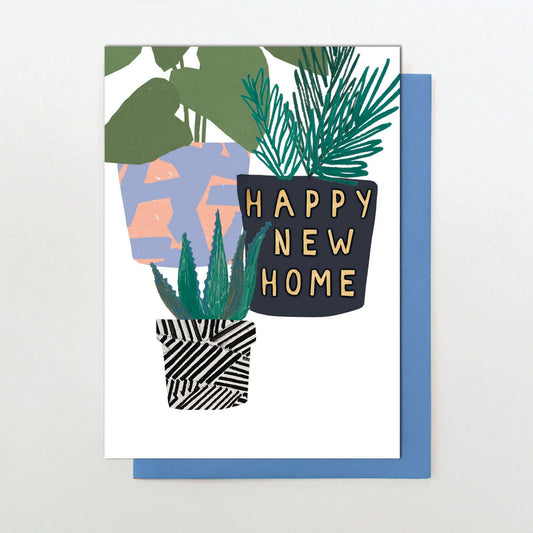 New home card with house plants and pots, gold foil detail, and blue envelope