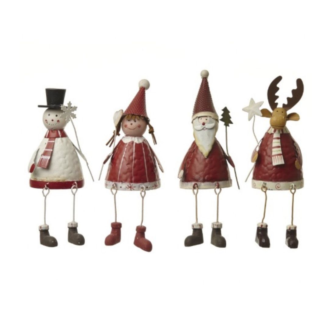 A set of four small metal sitting Christmas figures, featuring a Santa Claus, fairy, snowman, reindeer.