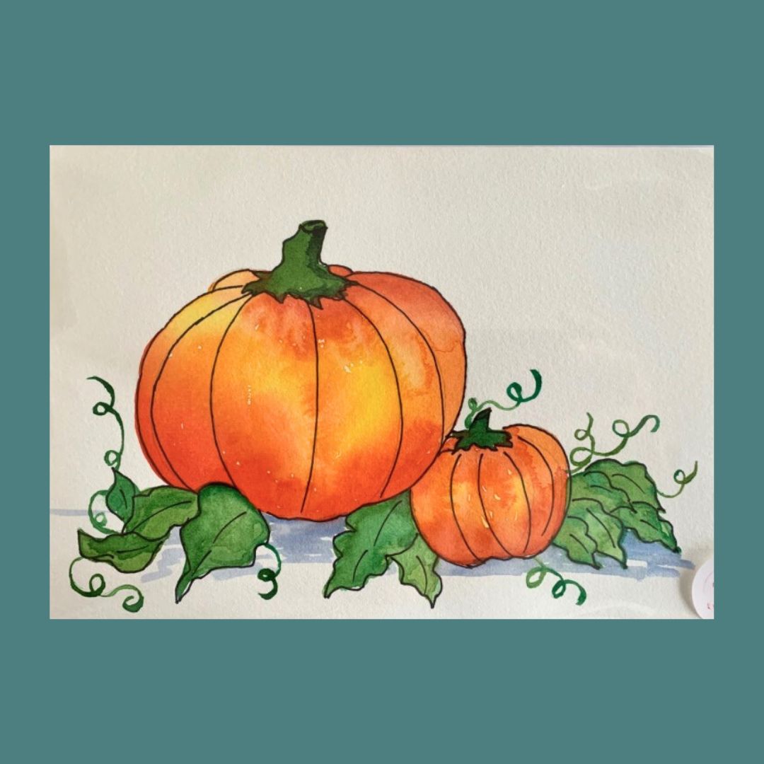 Hand-painted A5 pumpkin card by Lill Casas with watercolour and ink details.