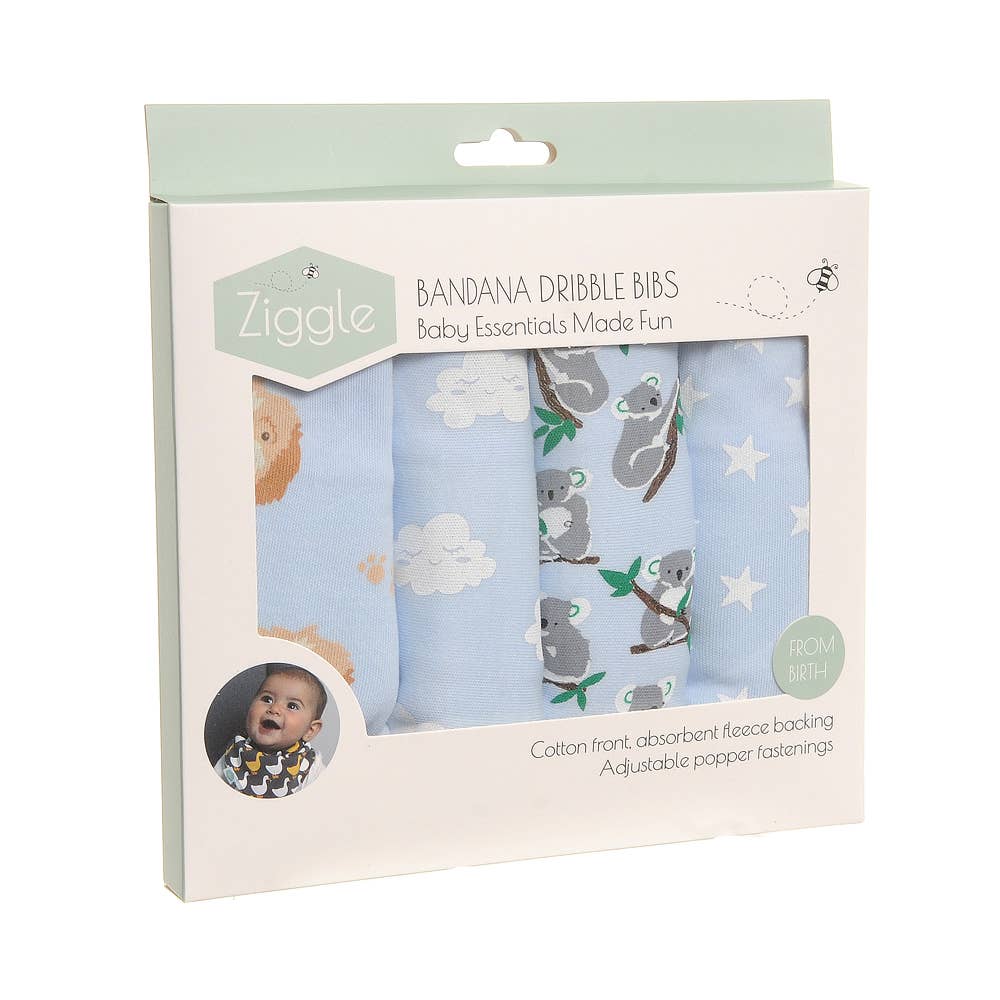 Boxed set of four blue baby bandana bibs with cotton top layer and fleece backing