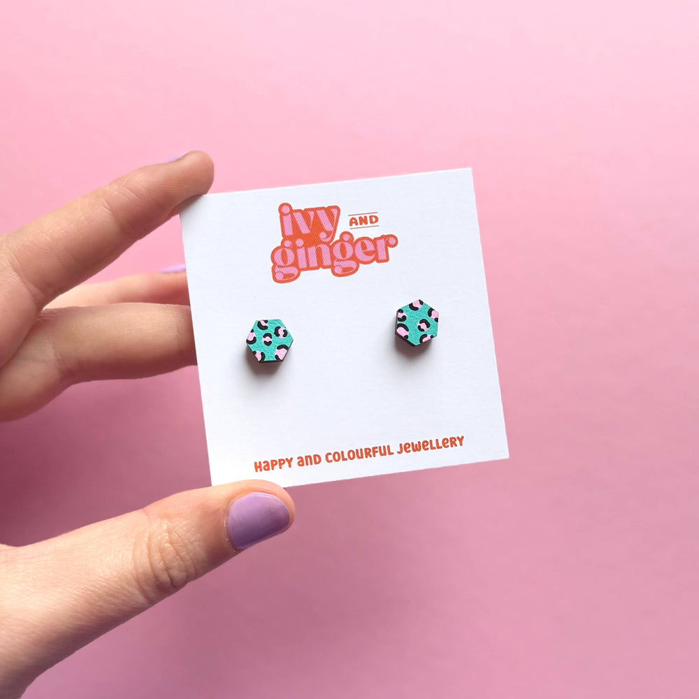 GREEN + PINK LEOPARD PRINT MINI HEXAGON STUDS