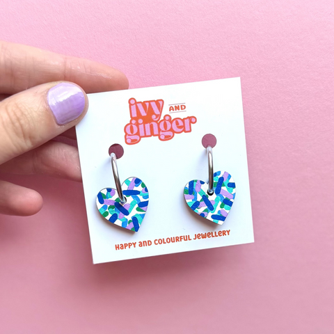 BLUE CONFETTI HEART HOOP EARRINGS