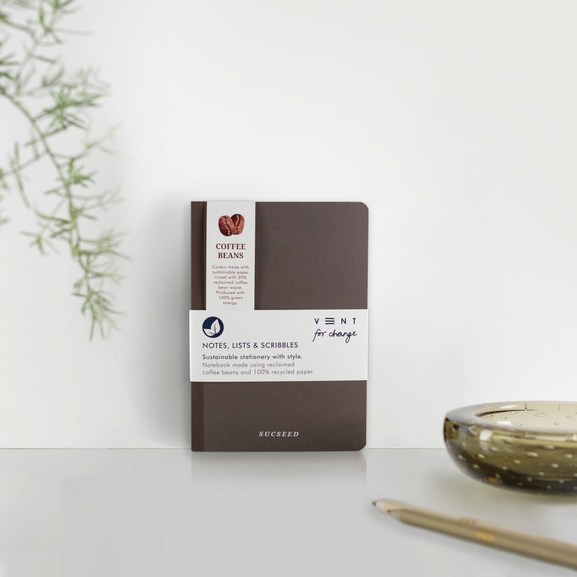 A6 notebook with SUCSEED foil cover, made from coffee waste and recycled paper, with lined, plain and numbered pages