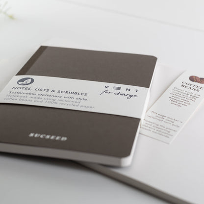 A6 notebook with SUCSEED foil cover, made from coffee waste and recycled paper, with lined, plain and numbered pages