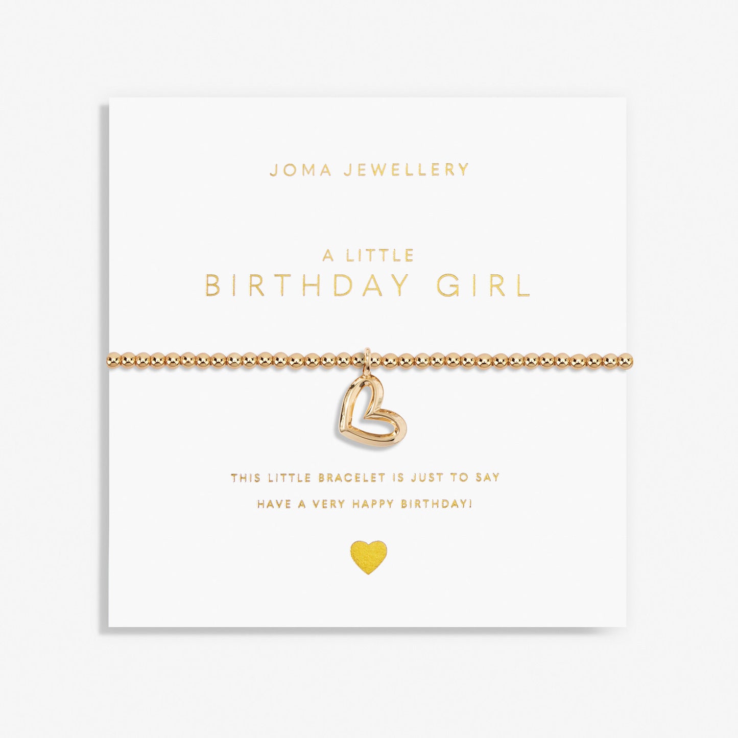 A gold plated stretch beaded bracelet with heart charm packaged with the text 'A LITTLE BIRTHDAY GIRL' 