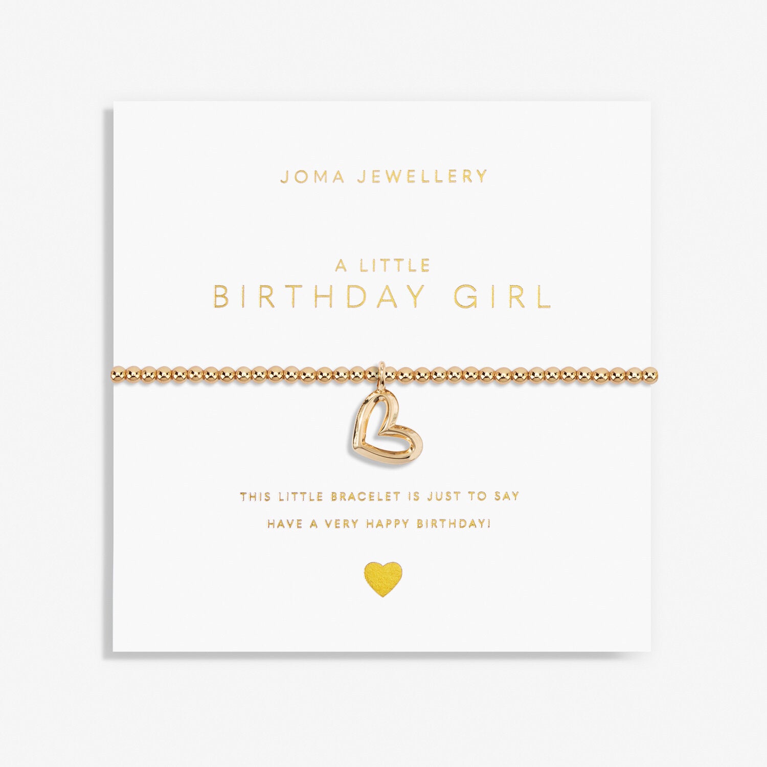 A gold plated stretch beaded bracelet with heart charm packaged with the text 'A LITTLE BIRTHDAY GIRL' 