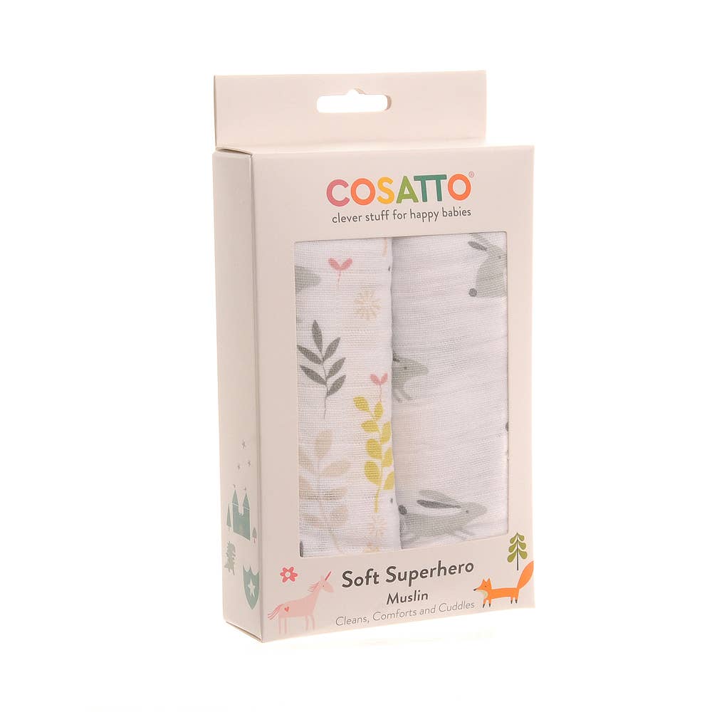 Pack of two Cosatto large baby muslins in a subtle Bobtail pattern, made from thick, soft cotton.