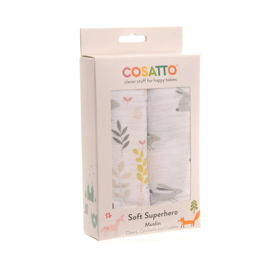 Pack of two Cosatto large baby muslins in a subtle Bobtail pattern, made from thick, soft cotton.
