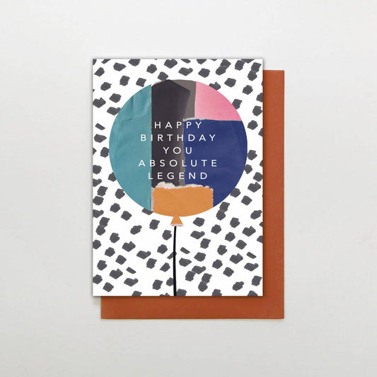 Happy Birthday You Absolute Legend card with bold text and burnt orange envelope