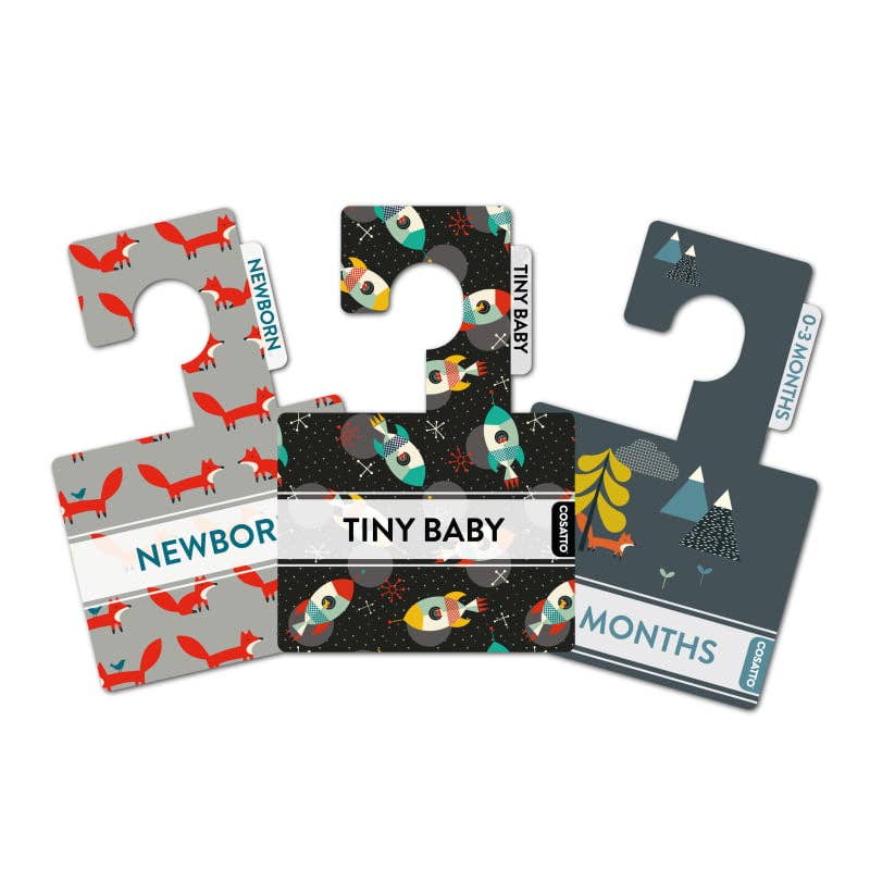 3 x wardrobe dividers featuring bright, fun Cosatto patterns like foxes, dinosaurs, and aliens, labelled with baby sizes.