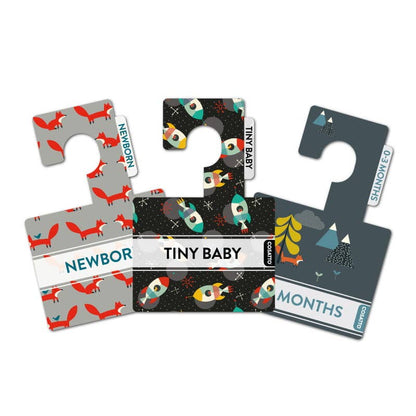 3 x wardrobe dividers featuring bright, fun Cosatto patterns like foxes, dinosaurs, and aliens, labelled with baby sizes.