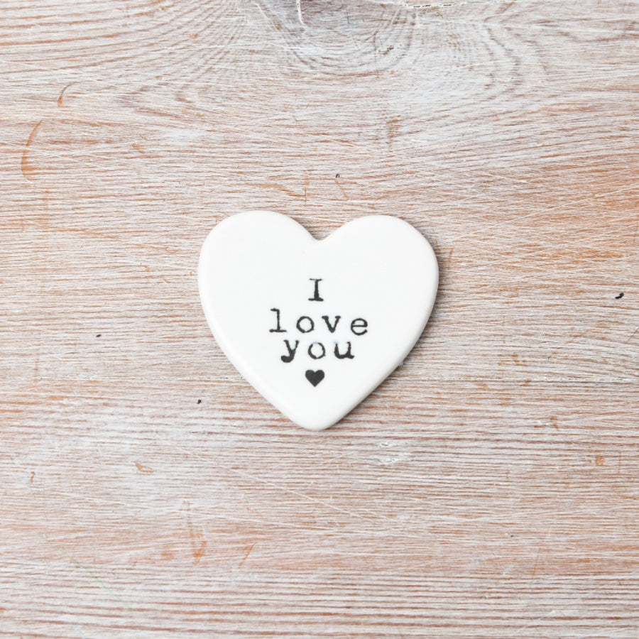 White Heart-shaped ceramic token with 'I Love You' text
