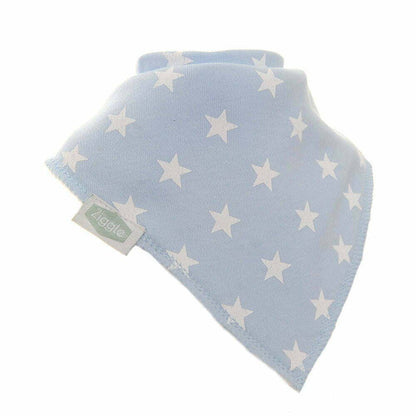 Light blue baby bib with star pattern on a white background