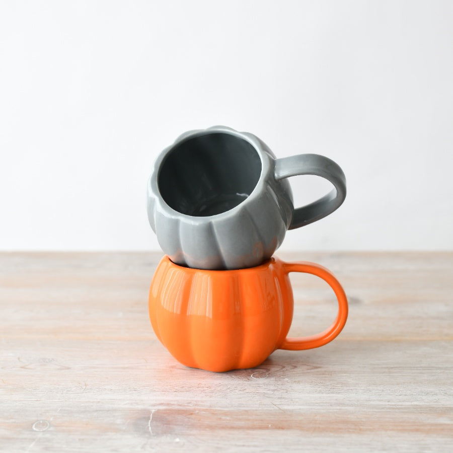 Ornage and Grey ceramic pumpkin-shaped mugs