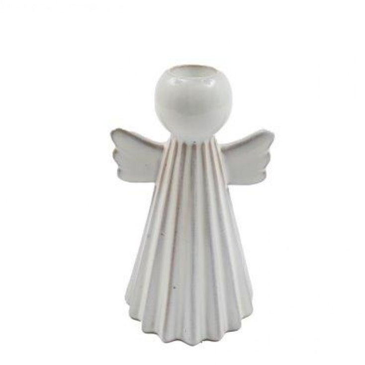 A decorative angel-shaped dinner candle holder with a smooth finish and a stand for a single candle.