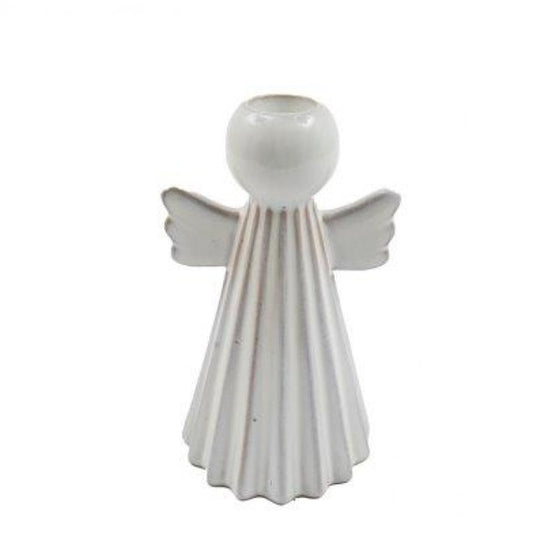 A decorative angel-shaped dinner candle holder with a smooth finish and a stand for a single candle.