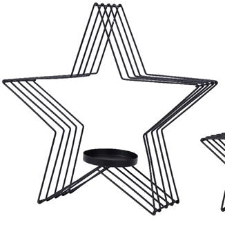 Black star-shaped metal wire decoration with a central candle holder 34cm tall