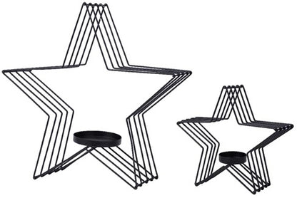 Set of 2 Black star-shaped metal wire decorations with a central candle holders