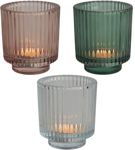 RIDGED GLASS TEALIGHT HOLDER - PINK