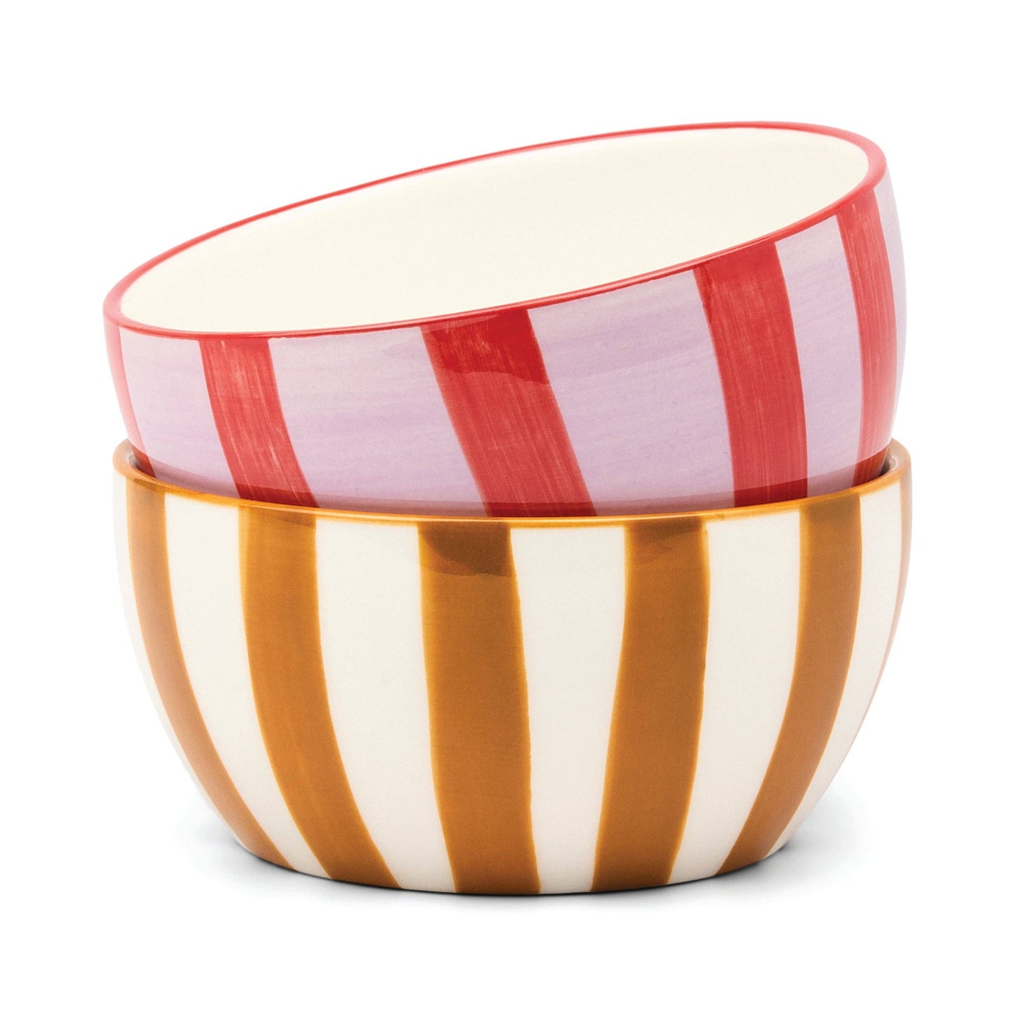 Small ceramic dipping bowls by 'here's how' in sleek, modern Ochre + Rust striped colour combinations 