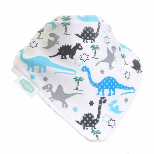 Uptown dinosaur print bandana bib with cotton front and absorbent fleece back