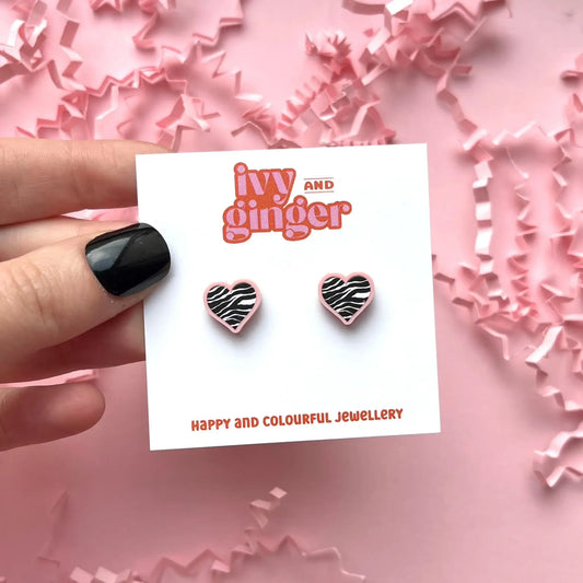 PASTEL PINK ZEBRA HEART STUDS