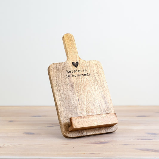 Rustic wooden recipe board with heart design and "Happiness Is Homemade" inscription, ideal housewarming gift.
