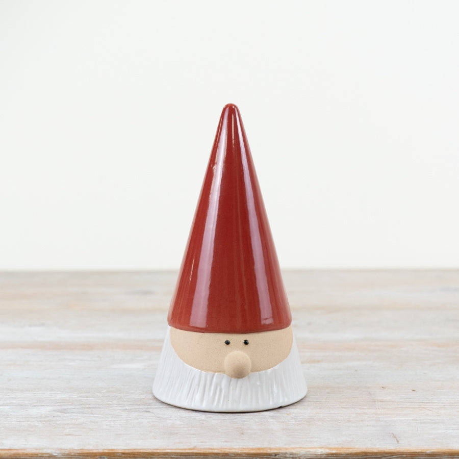 Medium stoneware Christmas gonk ornament with a tall, glossy red hat and a long white beard.