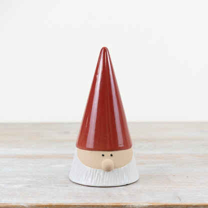 Medium stoneware Christmas gonk ornament with a tall, glossy red hat and a long white beard.
