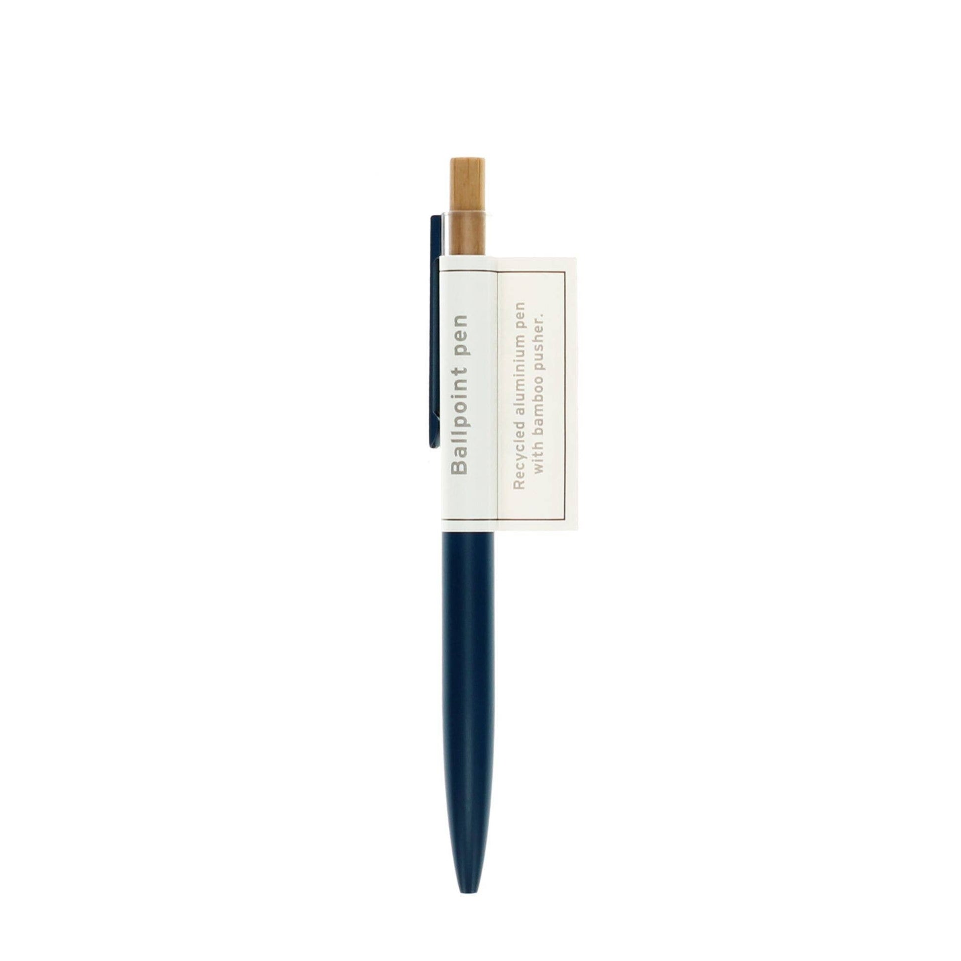 Eco-friendly retractable ballpoint pen with recycled aluminium, bamboo pusher, 1mm blue ink, sustainable office stationery
