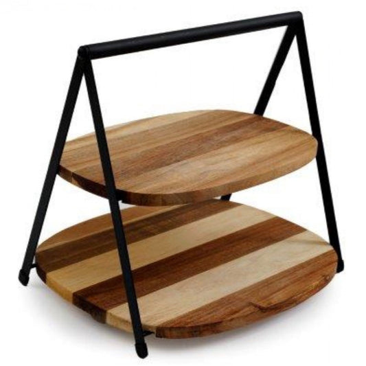 2 tier cake stand with black metal frame and removable wooden boards