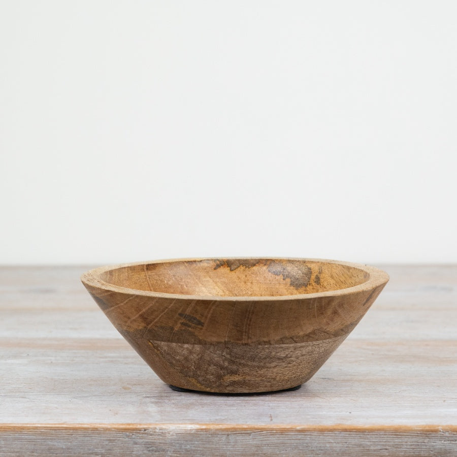 Decorative wooden bowl in rich brown with intricate design, perfect for indoor or outdoor serving. Small 12.5cm, Large 23cm.