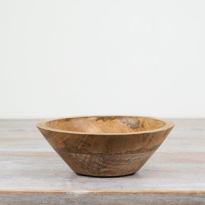 Decorative wooden bowl in rich brown with intricate design, perfect for indoor or outdoor serving. Small 12.5cm, Large 23cm.