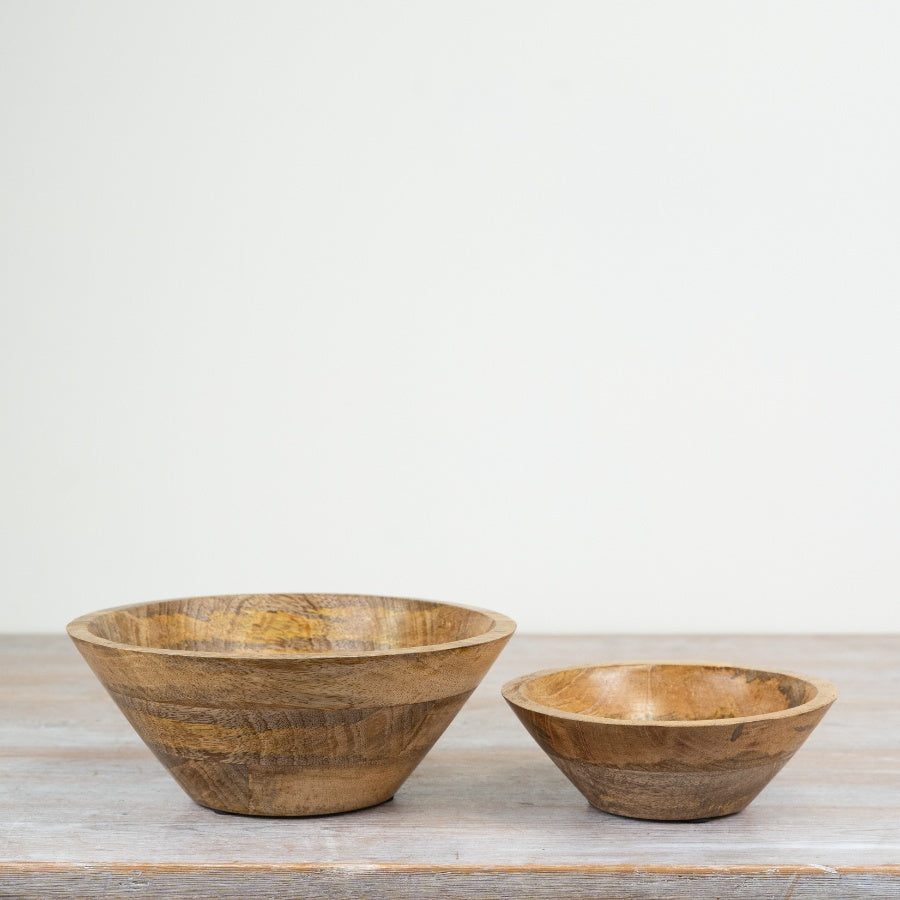 Decorative wooden bowl in rich brown with intricate design, perfect for indoor or outdoor serving. Small 12.5cm, Large 23cm.