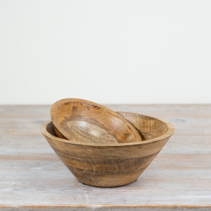 Decorative wooden bowl in rich brown with intricate design, perfect for indoor or outdoor serving. Small 12.5cm, Large 23cm.