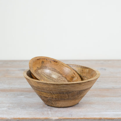 Decorative wooden bowl in rich brown with intricate design, perfect for indoor or outdoor serving. Small 12.5cm, Large 23cm.
