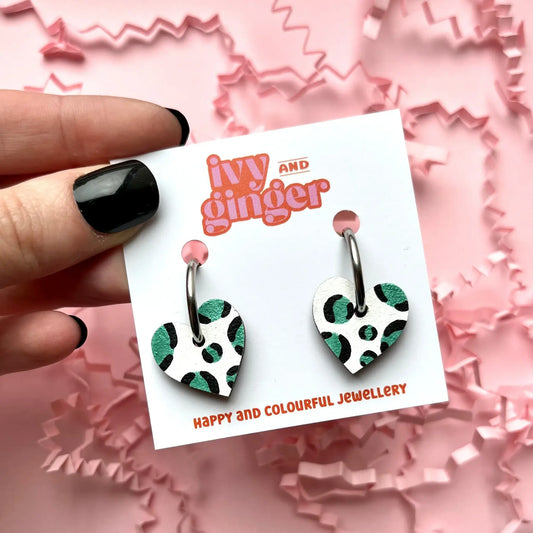 METALLIC GREEN LEOPARD PRINT SMALL HEART HOOPS