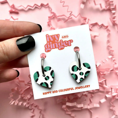 METALLIC GREEN LEOPARD PRINT SMALL HEART HOOPS