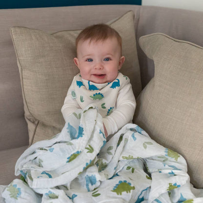 Baby wrapped in a dinosaur-patterned Ziggle swaddle on a couch