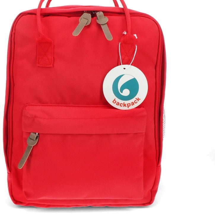 Stylish daily rucksacks with roomy main compartment and double zip, available in Red, Pink, or Blue.